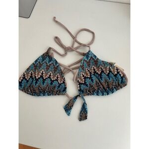 Voyage Mediterranee Mykonos Crochet Knit Bikini Top Blue Brown Tan Tie Neck L